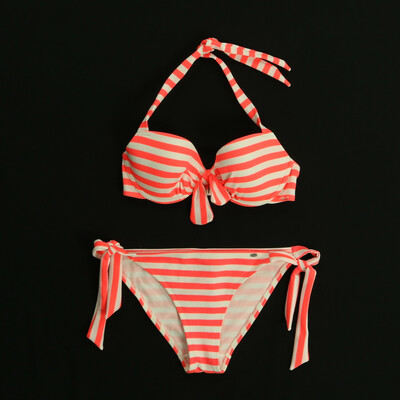Skiny neon rózsaszín/fehér csíkos bikini